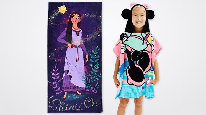 The Big One Kids Disney Wish Asha Beach Towel and Minnie Mouse Hooded Towel Poncho