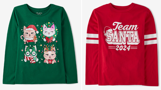 The Childrens Place Baby Toddler Girls Christmas Cat Graphic Tee and The Childrens Place Unisex Kids Team Santa 2024 Graphic Tee