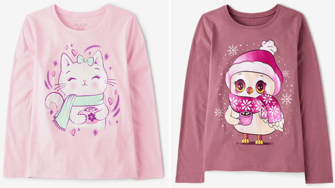 The Childrens Place Girls Cat Hot Cocoa Graphic Tee and The Childrens Place Girls Winter Owl Graphic Tee