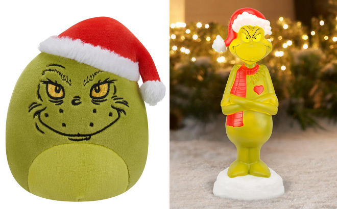 The Grinch 5 inch Squishmallows Childs Ultra Soft Stuffed Plush Toy and Grinch Christmas Lighted Blow Mold Outdoor Decor