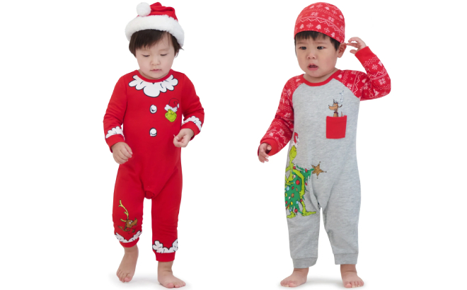 The Grinch Christmas Baby Red Coverall and Santa Hat