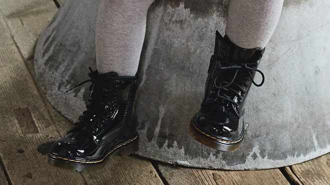 Toddler Girl Wearing Dr. Martens 1460 Patent Leather Lace Up Boots