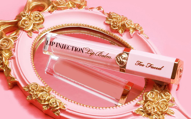 Too Faced Lip Injection Power Plumping Lip Balm on a Pink Mirror