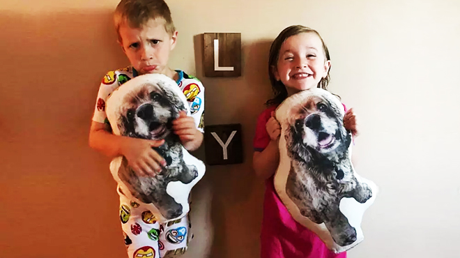 Two kids holding One Custom 3D Pet Pillow