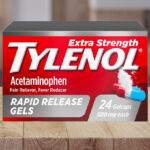 Tylenol Extra Strength Acetaminophen Rapid Release Gels on a Bathroom Counter