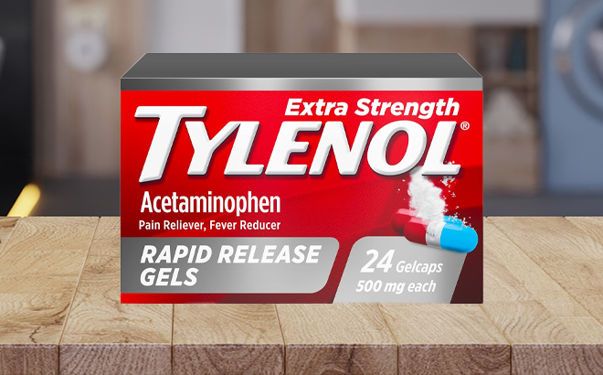 Tylenol Extra Strength Acetaminophen Rapid Release Gels on a Bathroom Counter