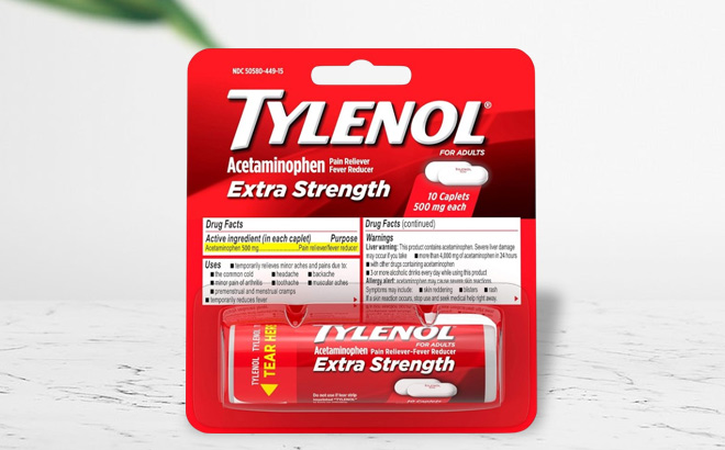 Tylenol Pain Relief Tablets 10 Count on a Table