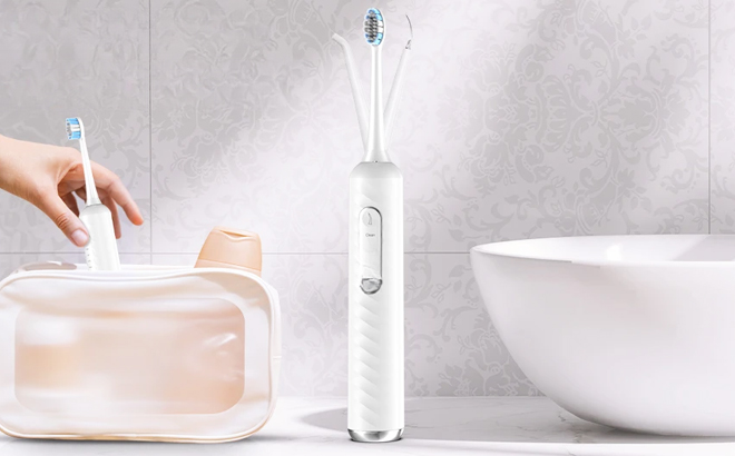 Uningopi Electric Toothbrush with flosser on the bathroom sink