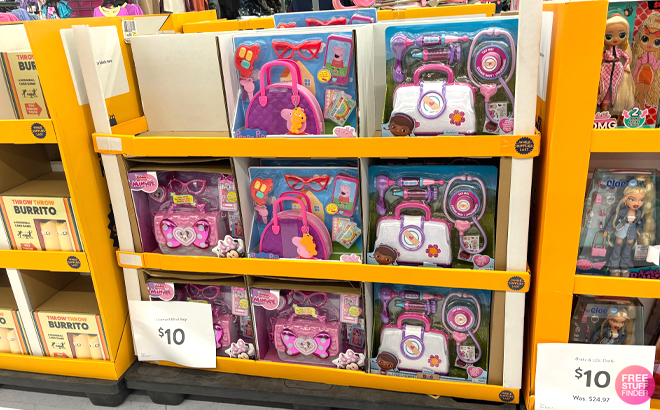 Various Kids Characters Pretend Play Bag Sets on a Shelf