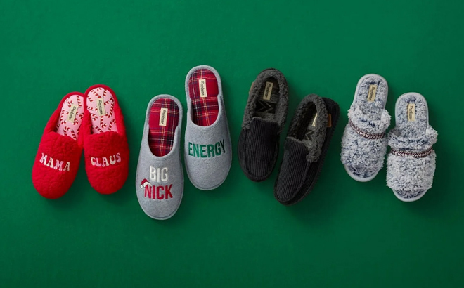 Various Styles of Dearfoams Slippers on a Green Background