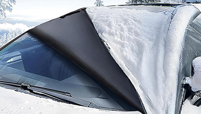 Windshield Cover for Ice and Snow on a Car with Snow Over It