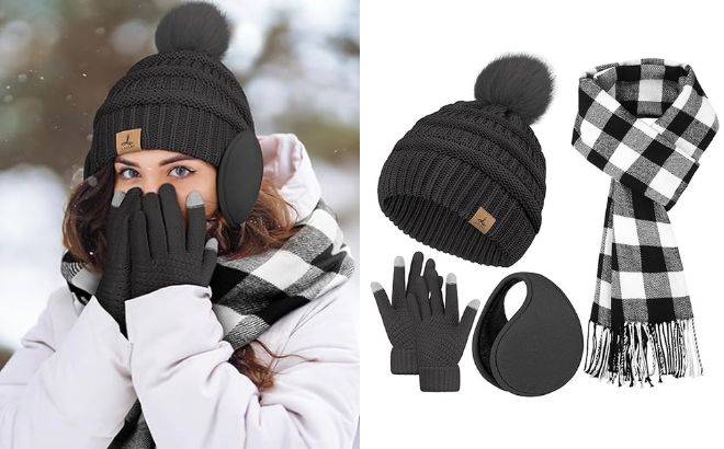 Winter Hat Scarf Gloves and Ear Warmer Set