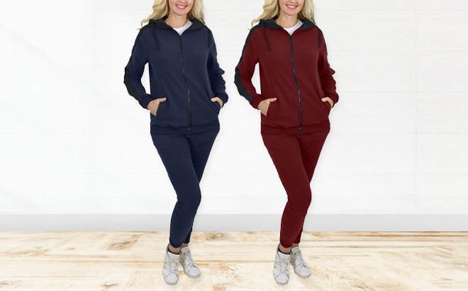 Womens Loose Fit Polar Fleece Hoodie Jogger Set in Navy and Burgundy Colors