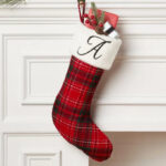 Wondershop 20 Inch Plaid Monogram Christmas Holiday Stocking hung above a Fireplace