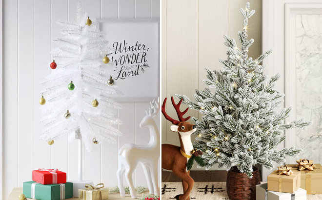 Wondershop Pre lit White Tinsel Christmas Tree on the Left and Pre lit LED Glitter Flocked Balsam Fir in Basket on the Right