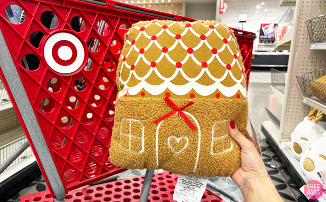 a Person Holding Christmas Gingerbread House Pillow