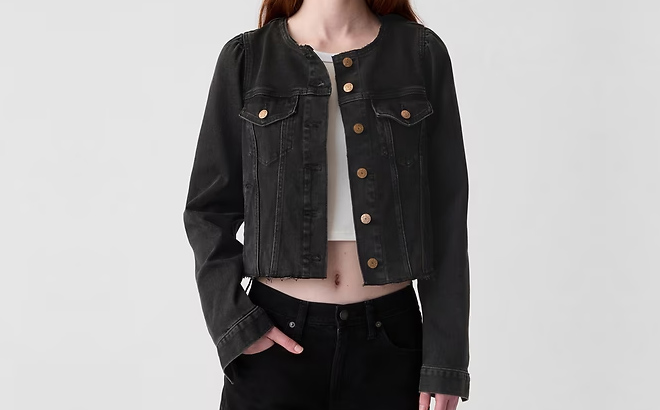 1 Gap Collarless Cropped Icon Denim Jacket