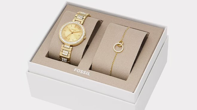 2 Fossil Karli Gold Tone Stainless Steel Watch and Bracelet Box Set