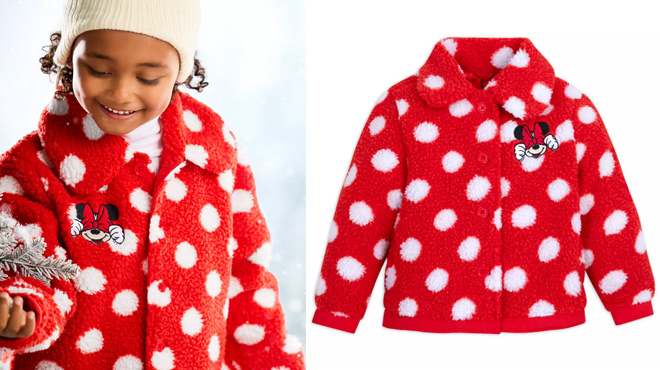 A Child Wearing Minnie Mouse Polka Dot Fleece Jacket