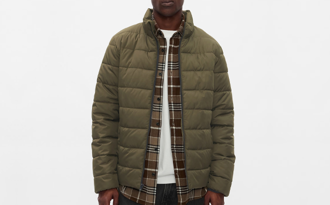 A Man Wearing GAP Factory ColdControl Relaxed Puffer Jacket