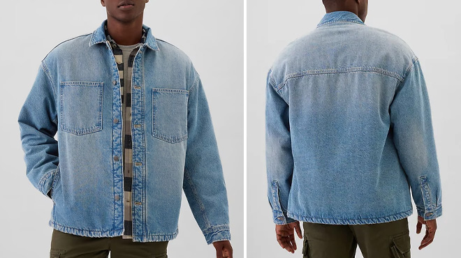 A Man Wearing GAP Factory Relaxed Denim Sherpa Lined Shirt Jacket