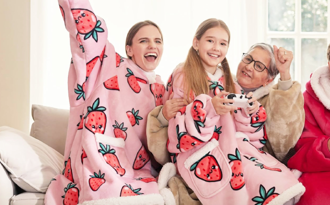 A Mother and Daughter Wearing a Strawberry Blanket Hoodie