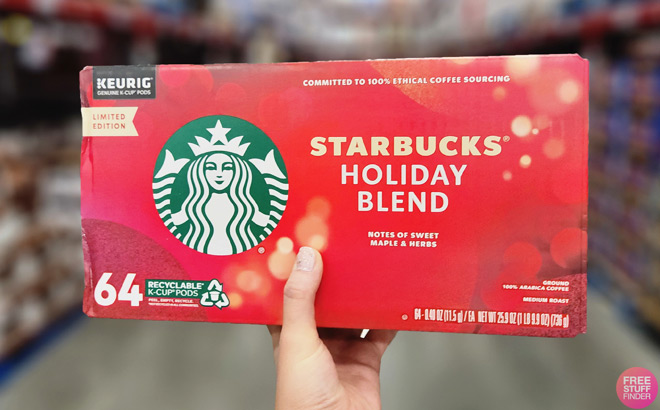 A Person Holding Starbucks Holiday Blend K Cups 64 Count