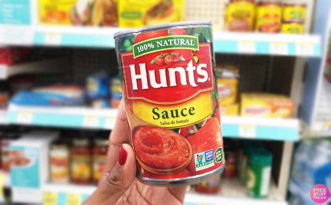 A Person Holding a Can of Hunts Tomato Sauce