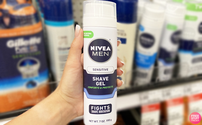 A Person Holding a Nivea Mens Sensitive Shave Gel