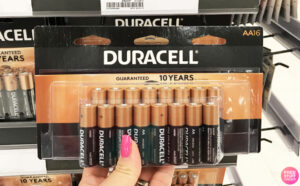 A Person Holding a Pack of Duracell 16 Count Coppertop AA Alkaline Batteries