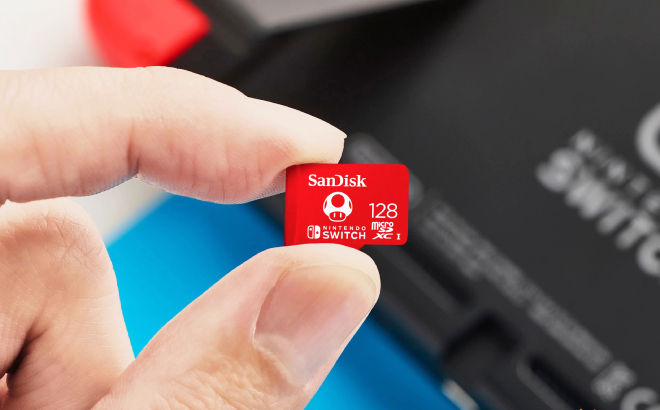 A Person Holding a SanDisk Nintendo Switch 128GB microSDXC Card