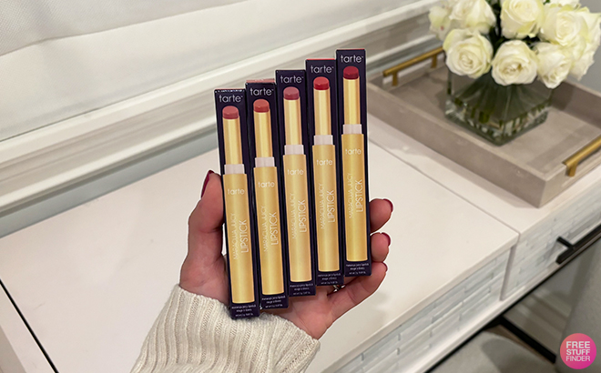 A Person Holding the 5 Piece Tarte maracuja Juicy Lipstick Set