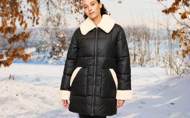 A Person Wearing GAP Factory Relaxed ColdControl Long Sherpa Puffer Coat