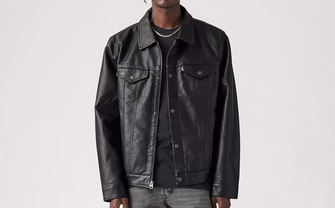 A Person Wearing Levis Faux Leather Trucker Jacket