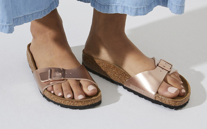 A Person Wearing the Birkenstock Madrid Metallic Sandals