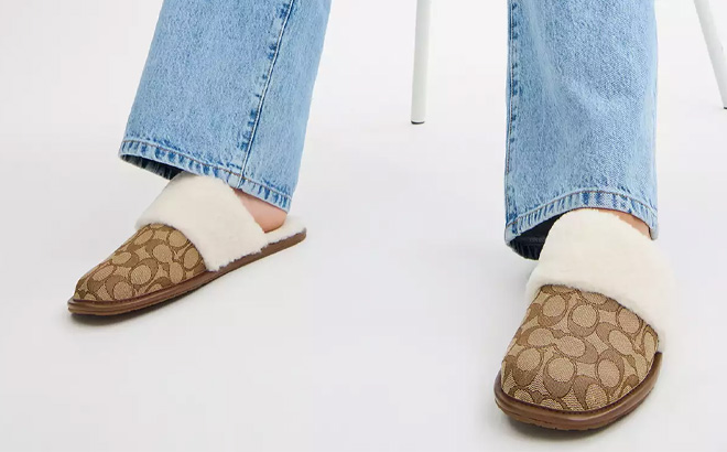 A Person Wearing the Coach Outlet Zena Slippers In Signature Jacquard