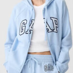 A Person Wearing the Gap Logo Zip Hoodie in Light Blue