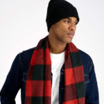 A Person Wearing the Levis Beanie and Scarf Boxed 2 Piece Cold Weather Set in Red