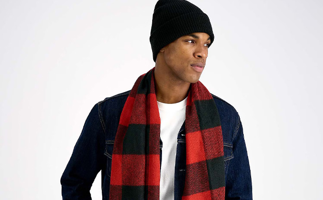 A Person Wearing the Levis Beanie and Scarf Boxed 2 Piece Cold Weather Set in Red