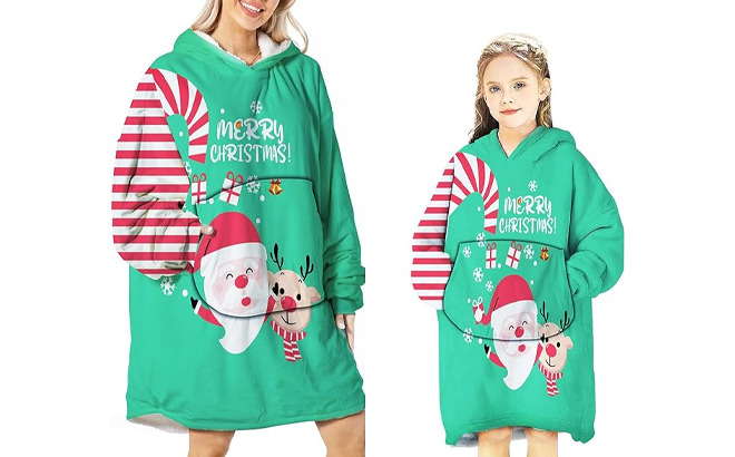 A Person and a Child Wearing the Christmas Oversized Hooded Blankets