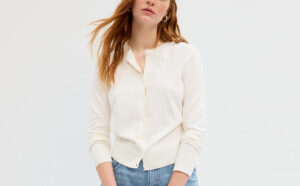 A Person wearing GAP Factory Womens Crewneck Cardigan