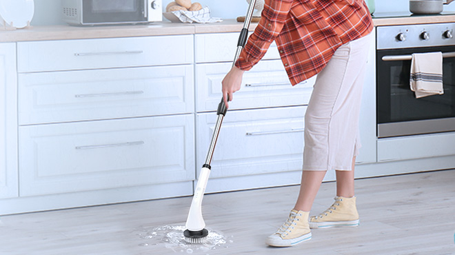 A Woman Cleaning the Floor with the Aicuu Electric Spin Scrubber