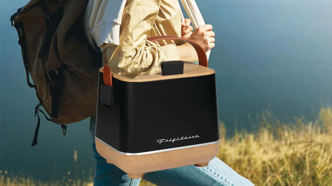 A Woman Holding Frigidaire Portable Insulated Fridge