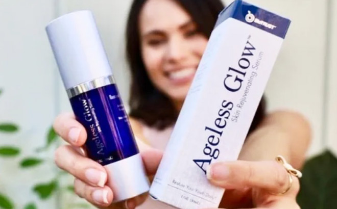 A Woman Showing a Bottle of BioTrust Ageless Glow Skin Serum and Its Box