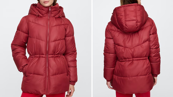 A Woman Wearing GAP Factory ColdControl Max Midi Puffer Coat