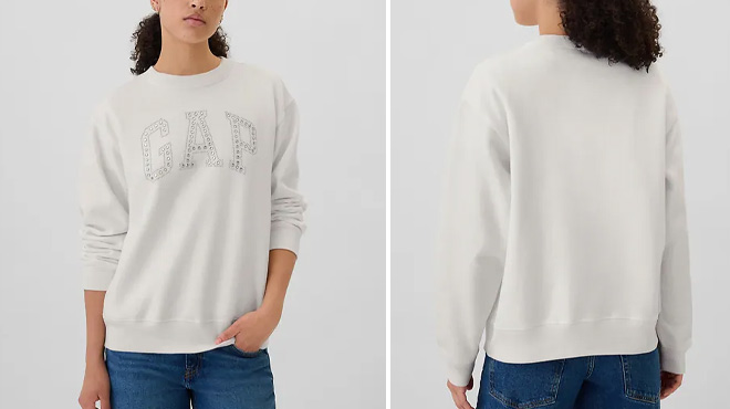 A Woman Wearing GAP Factory Logo Sweatshirt