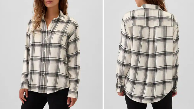 A Woman Wearing GAP Factory Plaid Flannel Big Shirt