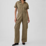 A Woman Wearing GAP Khaki Utility Jumpsuit