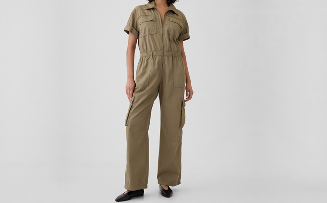 A Woman Wearing GAP Khaki Utility Jumpsuit