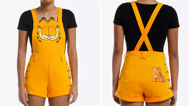 A Woman Wearing Garfield Face Shortalls